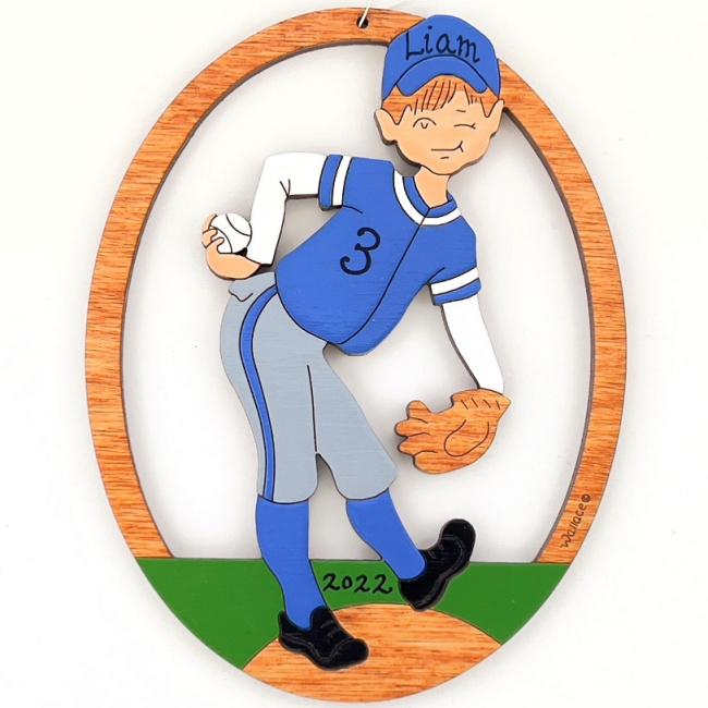 Baseball Jersey Personalized Blue Wood Ornament